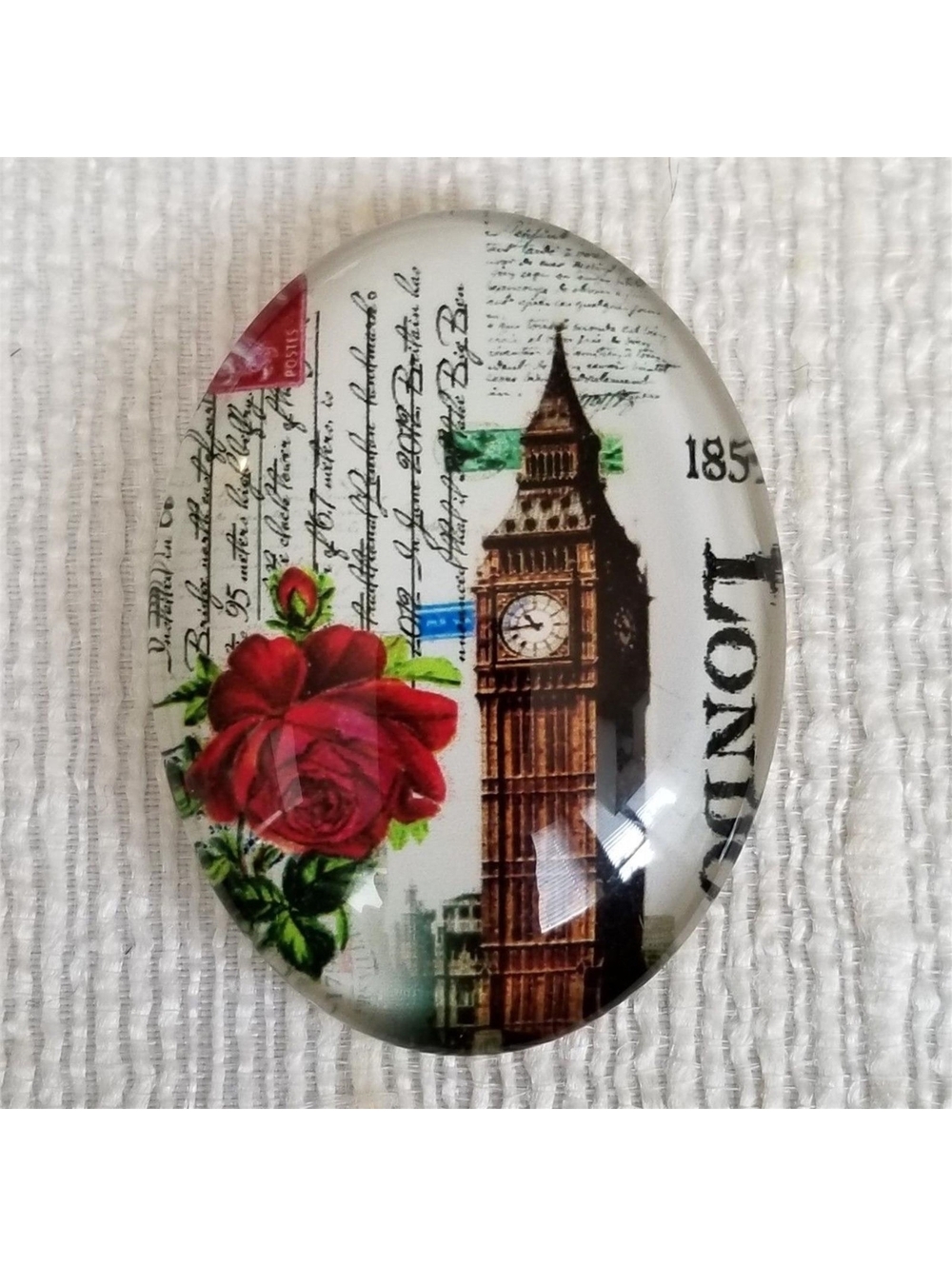 Vintage Style Big Ben Red Rose London Travel Glass Oval Cabochon 40x30mm